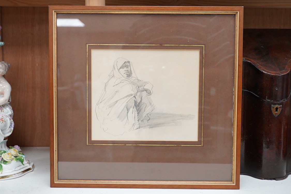 19th century School, Study of a seated North African figure, pencil study, 18 x 21cm